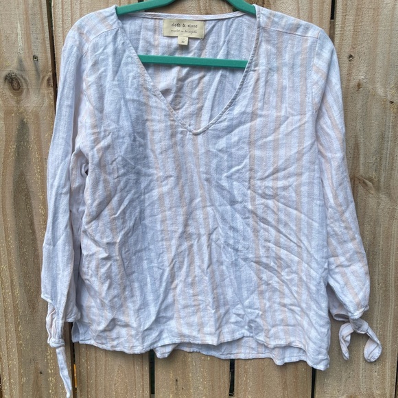 Cloth & Stone Linen Tie Sleeve Stripe Blouse Top - Picture 3 of 5